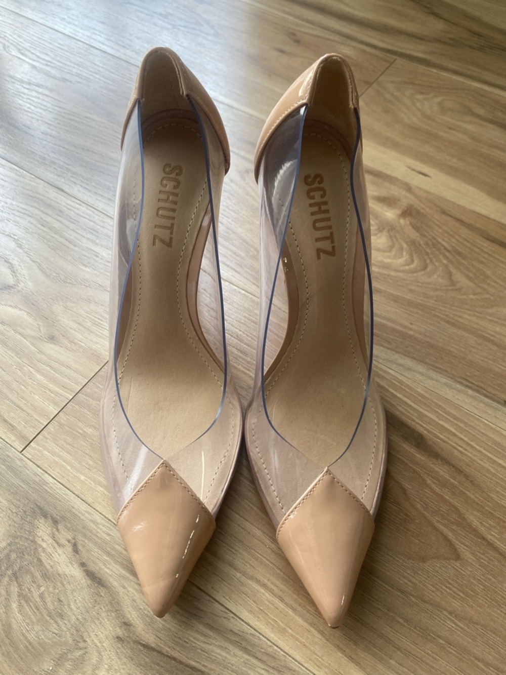 SCHUTZ Beige Patent Pointed-Toe Pumps with Clear Panels